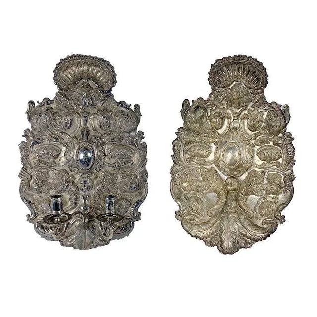 Hand Tooled Silver Sconces, Peru - a Pair For Sale - Image 9 of 11
