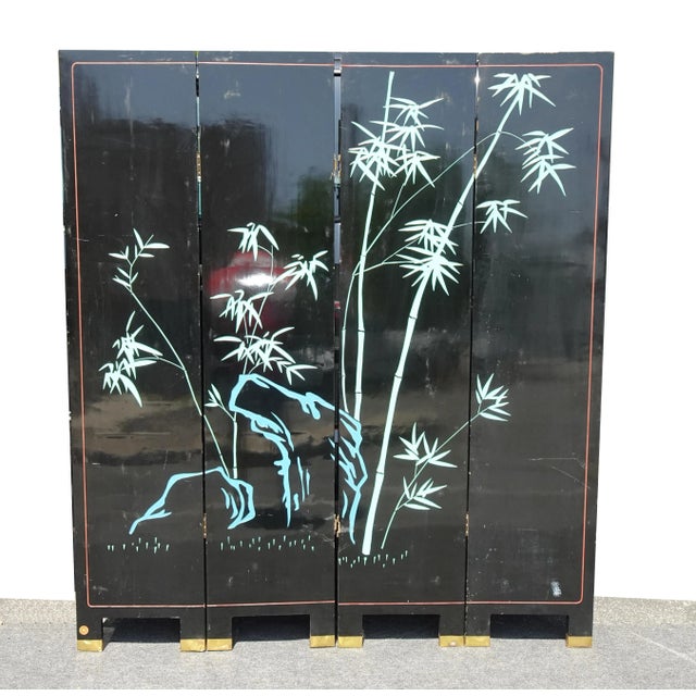 Vintage Oriental Asian Blue Coromandel Four Panel Screen Room Divider W Swans #2 For Sale - Image 12 of 12