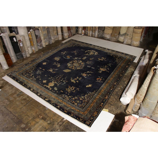 Art Deco Antique Samarkand Rug Art Deco Blue and Gold Pattern For Sale - Image 3 of 9