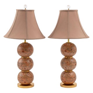 Pair of 1950s Italian Terracotta Paper Globe Table Lamps With Brass Fittings For Sale