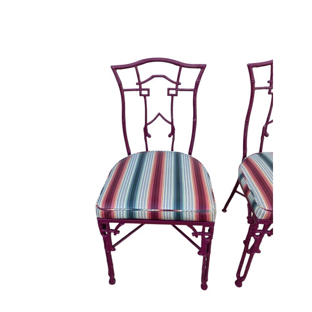 Chinese 2 Vintage Chinese Chippendale Regency Side Chairs Dining Aluminum Faux Bamboo For Sale - Image 3 of 12