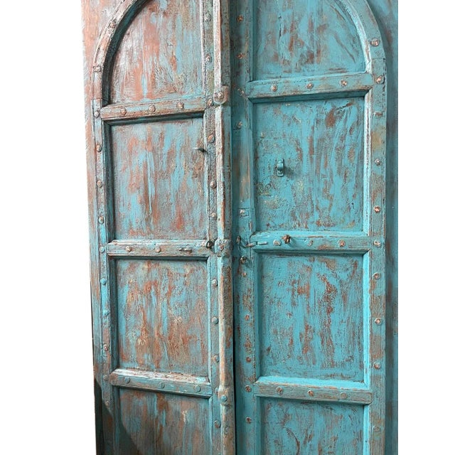 Antique Indian Doors Arched Mehrab Electric Blue Teak Wood Doors 87 For Sale - Image 4 of 5