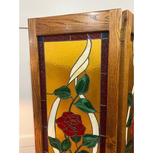1970s Stained Glass Oak Framed Rose and Vine Pattern Room Divider For Sale - Image 6 of 9