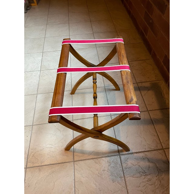 American 1940s Vintage Folding Luggage Rack With Canvas Straps – Ralph Lauren–Style Travel Accent For Sale - Image 3 of 7