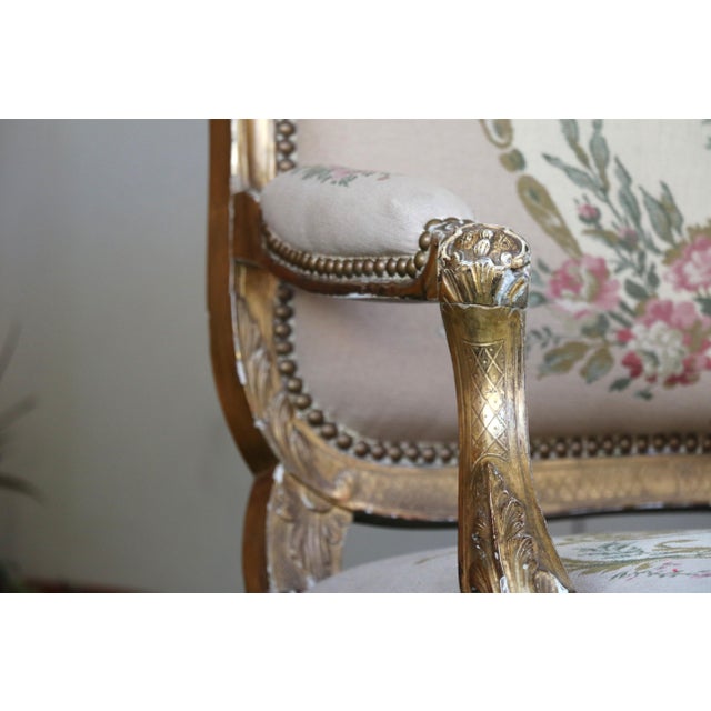 Antique Set of French Tapestry Gild Carved Gold Wood Arm Chairs Chairs & Sofa For Sale - Image 10 of 18
