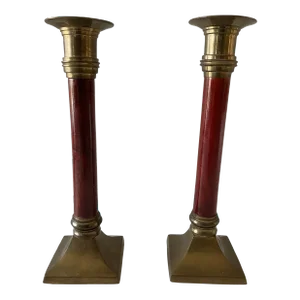 Vintage Brass and Burgundy Wood Column Style Candlesticks