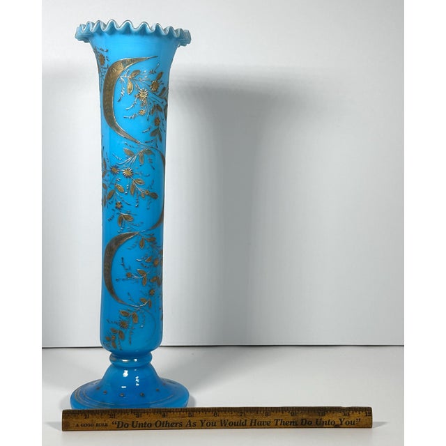 19th Century Victorian Moser Blue Opaline Glass Vase: Gilt Floral Decor, 15.5" For Sale - Image 9 of 10