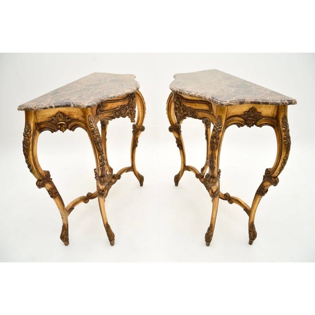 Vintage French Console Tables in Gilt Wood with Marble Tops, 1950, Set of 2 For Sale - Image 4 of 13
