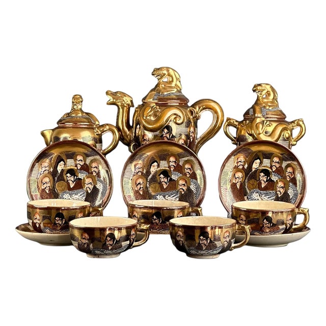 Antique Japanese Meiji Hand-Painted Shimazu Satsuma Tea Service with Moriage Kannon Immortals and Dragons, Set of 14 For Sale