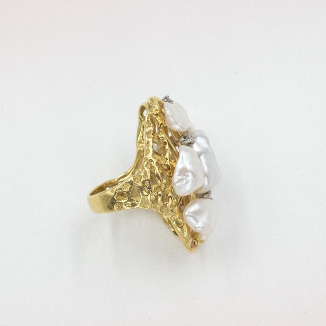 1980s Vintage Cellino 18k Diamond Natural Pearl Cocktail Ring, Size 5.75 For Sale - Image 9 of 11