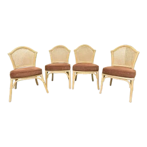 1970s Rattan Cane Back Wood Dining Side Chairs- Set of 4
