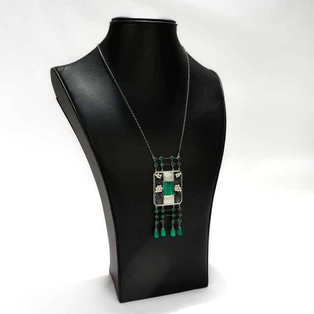 Metal Antique Theodor Fahrner Sterling Silver, Malachite, & Pearl Jugendstil Necklace For Sale - Image 7 of 17