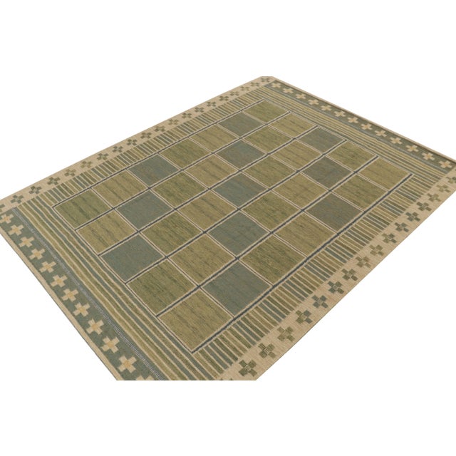 Mid-Century Modern Rug & Kilim's Scandinavian Style Custom Kilim Rug in Green and Blue Geometric Pattern - 10'x14' For Sale - Image 3 of 7