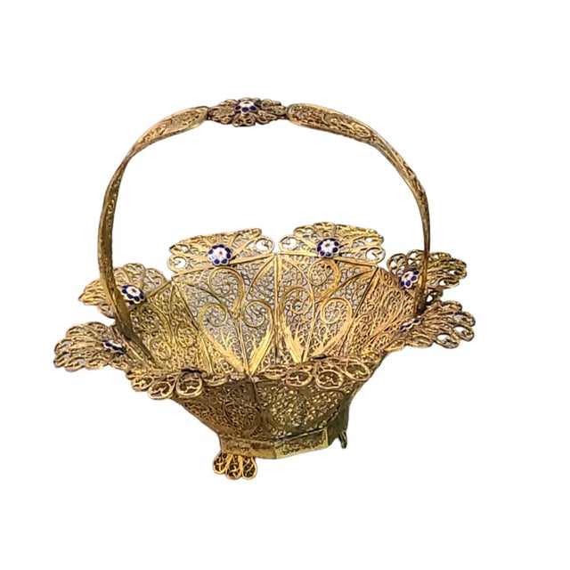 Exquisite Antique Ornate Filigree Small Basket With Enamel Flowers Russian Good Condition, some age patina on Brass, 4.5''...