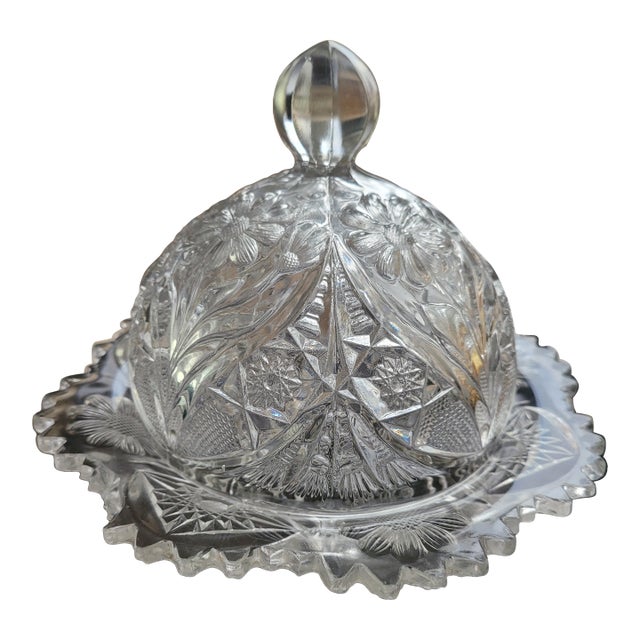 Antique Imperial Glass Eapg 474 "La Rochelle" Cosmos Clear Round Covered Butter Dish, C. 1910 For Sale