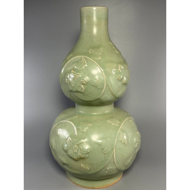 Antique Chinese Longquan Celadon Relief Gourd Vase For Sale - Image 6 of 8