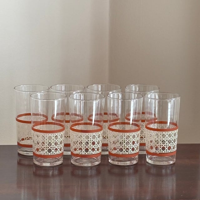Mid-Century Modern Small Mid-20th Century Woven Cane Pattern Tumblers — Set of 8 For Sale - Image 3 of 17