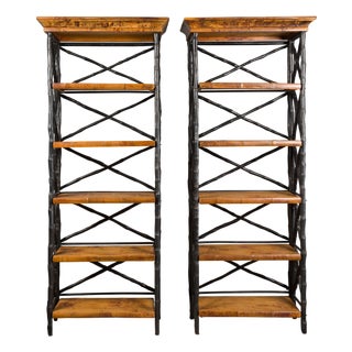 Midcentury Tall French Black and Brown Faux Bamboo Shelves, a Pair For Sale