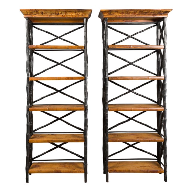 Midcentury Tall French Black and Brown Faux Bamboo Shelves, a Pair For Sale