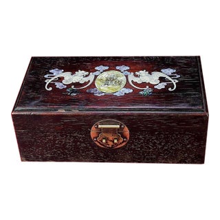 Vintage Chinese Zitan Wood Box With Mother of Pearl Bats & Fortune Coin Inlay - Prosperity Motif For Sale