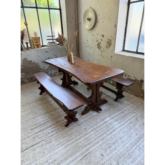 Walnut Table Set and Benches, 1890s, Set of 3 For Sale - Image 3 of 18