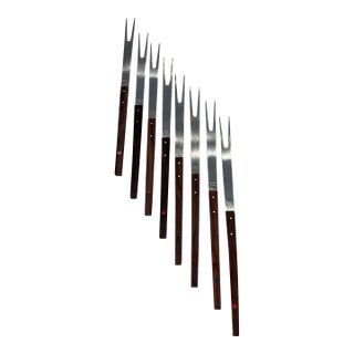 MidCentury Japan Set of 8 Walnut and Stainless Fondue Forks in Original Box For Sale
