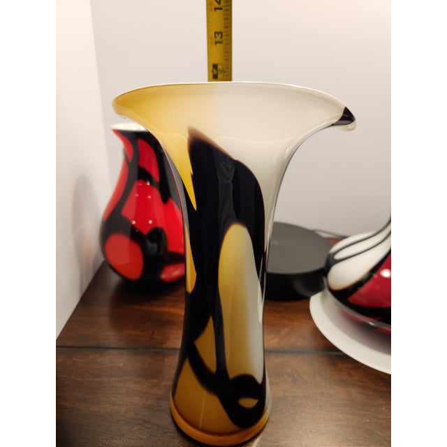 Italian Vintage 1970s Italian Opaline Cased Glass Vase Set - Red, Amber & Black Swirl For Sale - Image 3 of 12