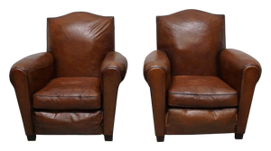 Set of French Cognac Moustache Back Leather Club Chairs, 1940s