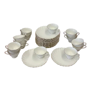 Late 20th Century Tuscan Fine English Bone China Tennis Sets - Teacups With Elongated Saucers - Complete Set for 16- 37 Pieces