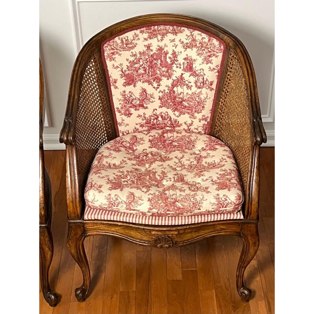 Pair French Louis XV Style Walnut and Cane Barrel Back Bergere Chairs in Toile, 20th C. For Sale - Image 4 of 13