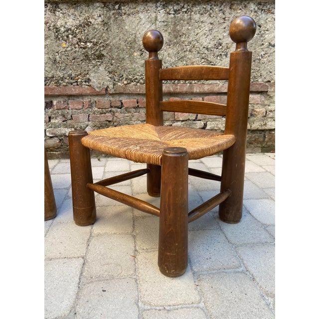 Low Brutalist Chairs in Oak and Straw attributed to Charles Dudouyt, France, 1940s, Set of 2 For Sale - Image 4 of 10
