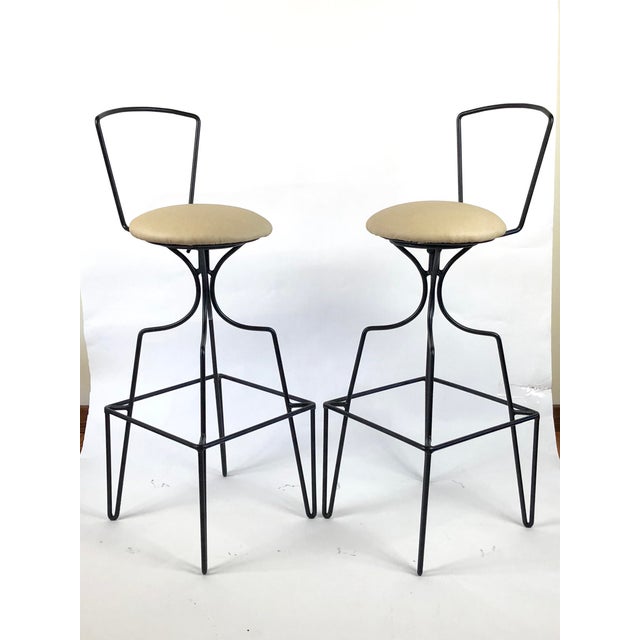 Mid-Century Modern Mid Century Wrought Iron Swivel Bar Stools - a Pair For Sale - Image 3 of 10