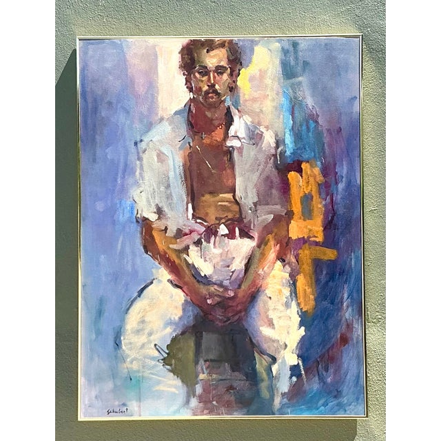 This striking original oil portrait captures a soulful male subject with an evocative, impressionistic flair. Signed by...