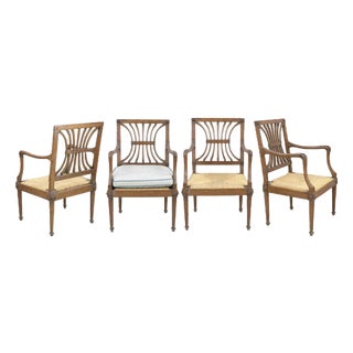 Antique Wooden Chairs in Straw Seats, Italy, 19th Century, Set of 4 For Sale