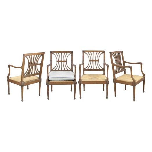 Antique Wooden Chairs in Straw Seats, Italy, 19th Century, Set of 4 For Sale