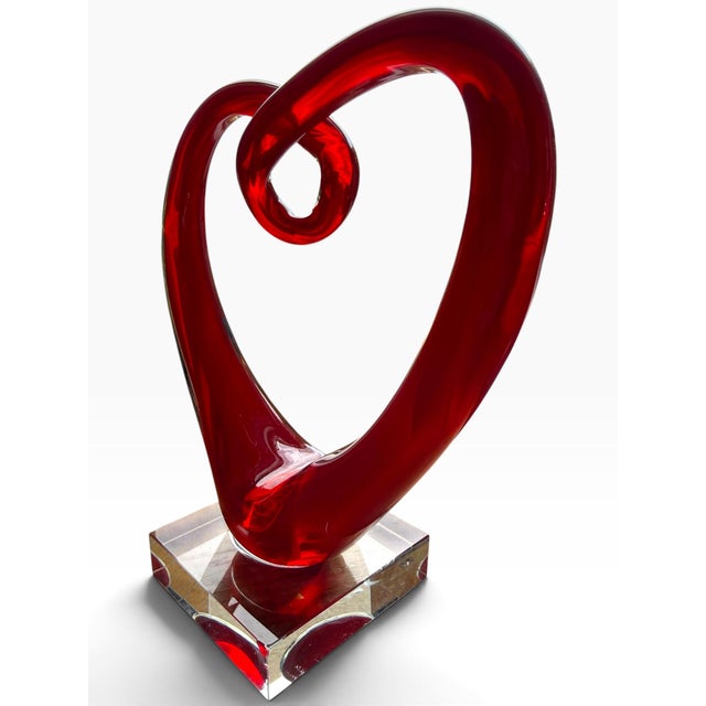 Vintage Red Murano-Style Art Glass Heart Sculpture on Lucite Base For Sale - Image 4 of 6