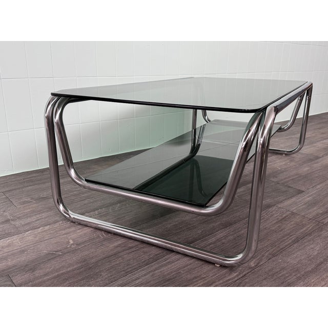 1970s Italian Coffee Table in Chromed Steel and Smoked Glass, 1970s For Sale - Image 5 of 11