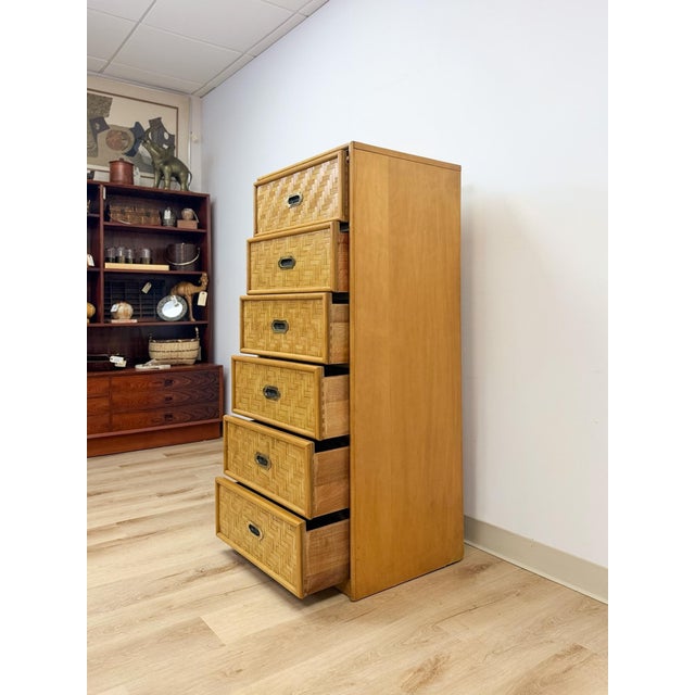 Mid 20th Century Dixie Parquet Inlay Tall Chest of Drawers Brass Detail Coastal Hollywood Regency For Sale - Image 10 of 11