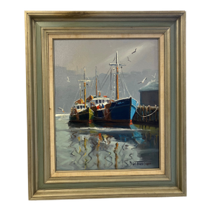 1970s New England Harbor Painting Signed Paul Frontiero