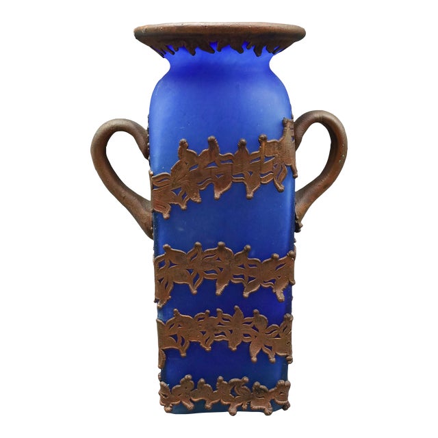 Mid 20th Century Anca Podaru Ama Romanian Copper Overlay Handled Art Glass Nouveau Vase For Sale