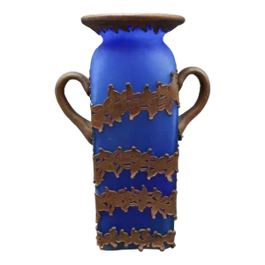 Mid 20th Century Anca Podaru Ama Romanian Copper Overlay Handled Art Glass Nouveau Vase