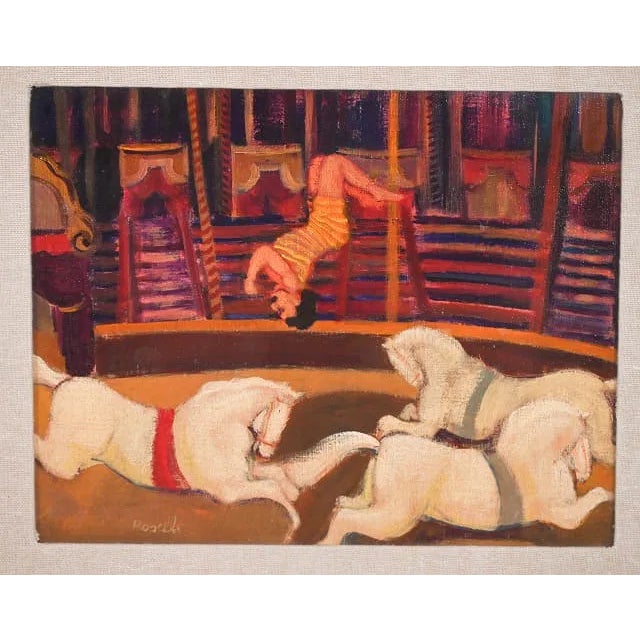 Carlo Roselli Italian 1939 Signed Oil on canvas of Early 20th Century Circus Scene with Horses Framed measures 19 inches x...