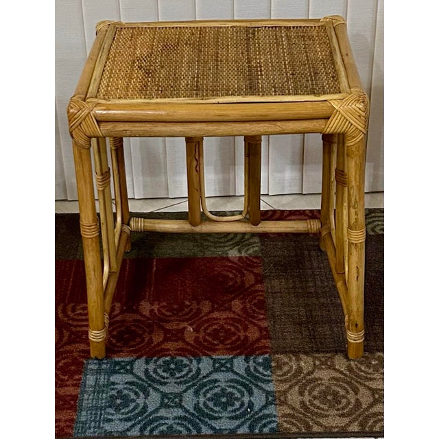 1960s Rectangular, Vintage Bamboo End/Side Table, Mid Century Modern, Lightweight, Natural Materials, Hand Crafted, Woven Wicker Top For Sale - Image 4 of 8