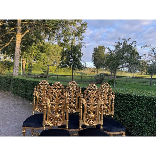 1900 Italian Rococo Gold Beech Black Velvet Dining Chairs - Set of 6 Pc For Sale - Image 6 of 18