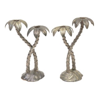 Vintage Coastal 1970's Godinger Silver Plate Palm Tree Candlesticks Pair Of For Sale