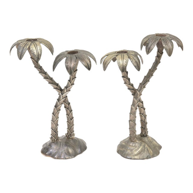 Vintage Coastal 1970's Godinger Silver Plate Palm Tree Candlesticks Pair Of For Sale