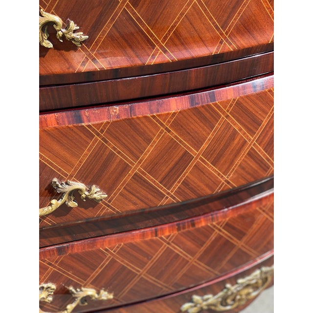Brown Vintage French Louis Inlaid and Gilt Bombe Commode For Sale - Image 8 of 11