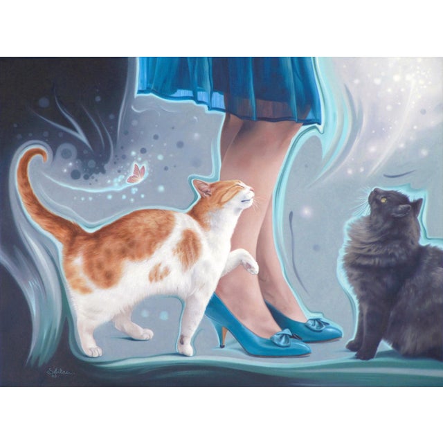 Irresistible Blue Shoes by Sybiline | Oil on canvas Woman's legs with blue shoes and two cats. For Sale
