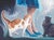 Irresistible Blue Shoes by Sybiline | Oil on canvas Woman's legs with blue shoes and two cats. For Sale