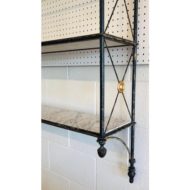 Stunning Vintage Modern Federal Style Wrought Iron, Metal & Marble Hanging Shelf with Gilt Accents. We believe it is...